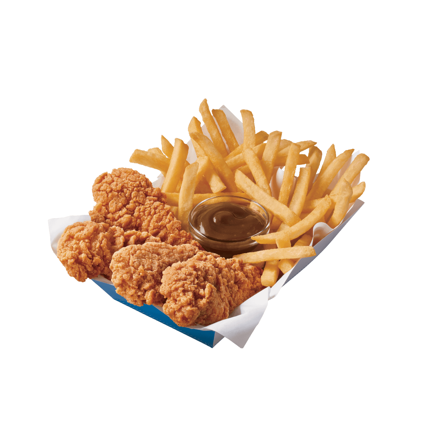 Four chicken strips with gravy and french fries